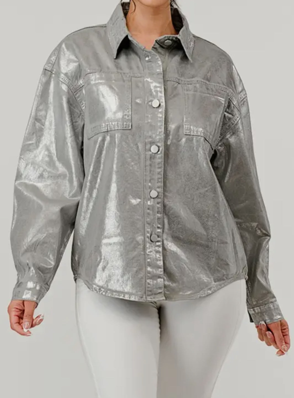 ChicMetallic Coated Button-Up Shacket