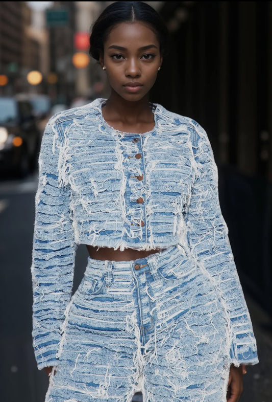 Chic Edge Distressed Denim Cropped Jacket