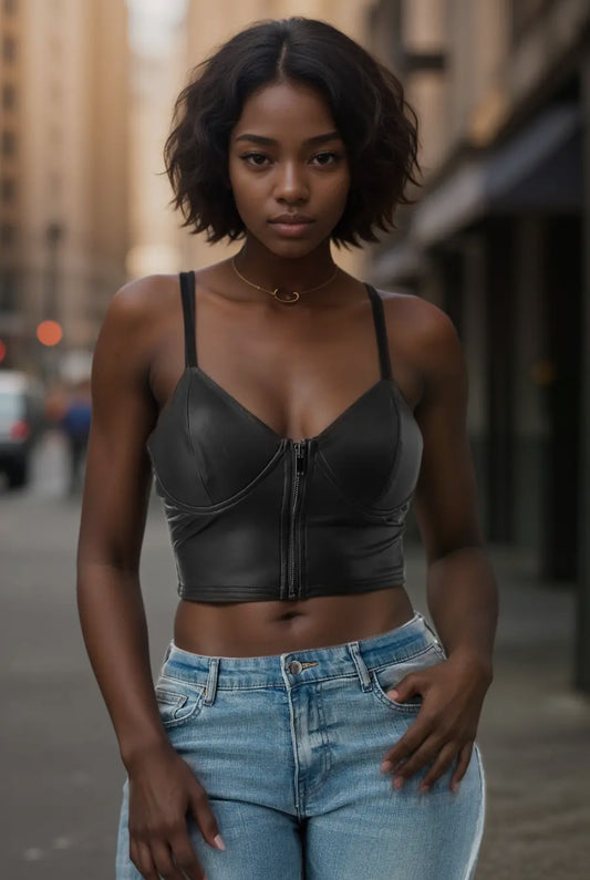 Chic Alloy Faux Leather Zip-Front Crop Top