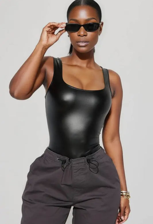 Chic Edge Faux Leather Square-Neck Bodysuit