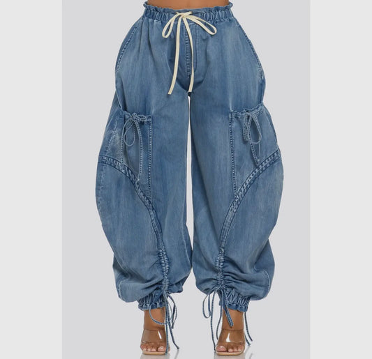 Chic & Casual Drawstring Cargo Denim