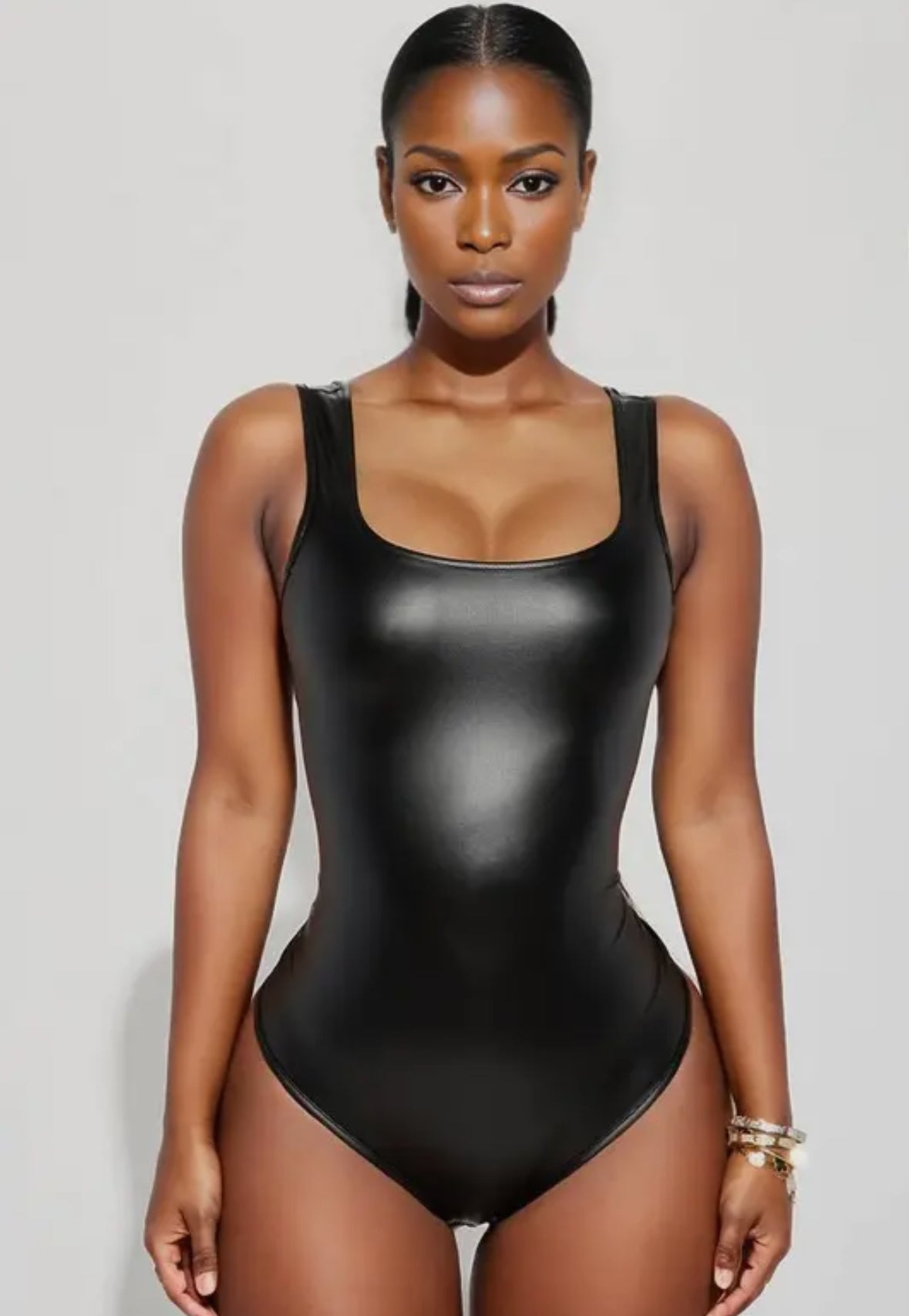 Chic Edge Faux Leather Square-Neck Bodysuit