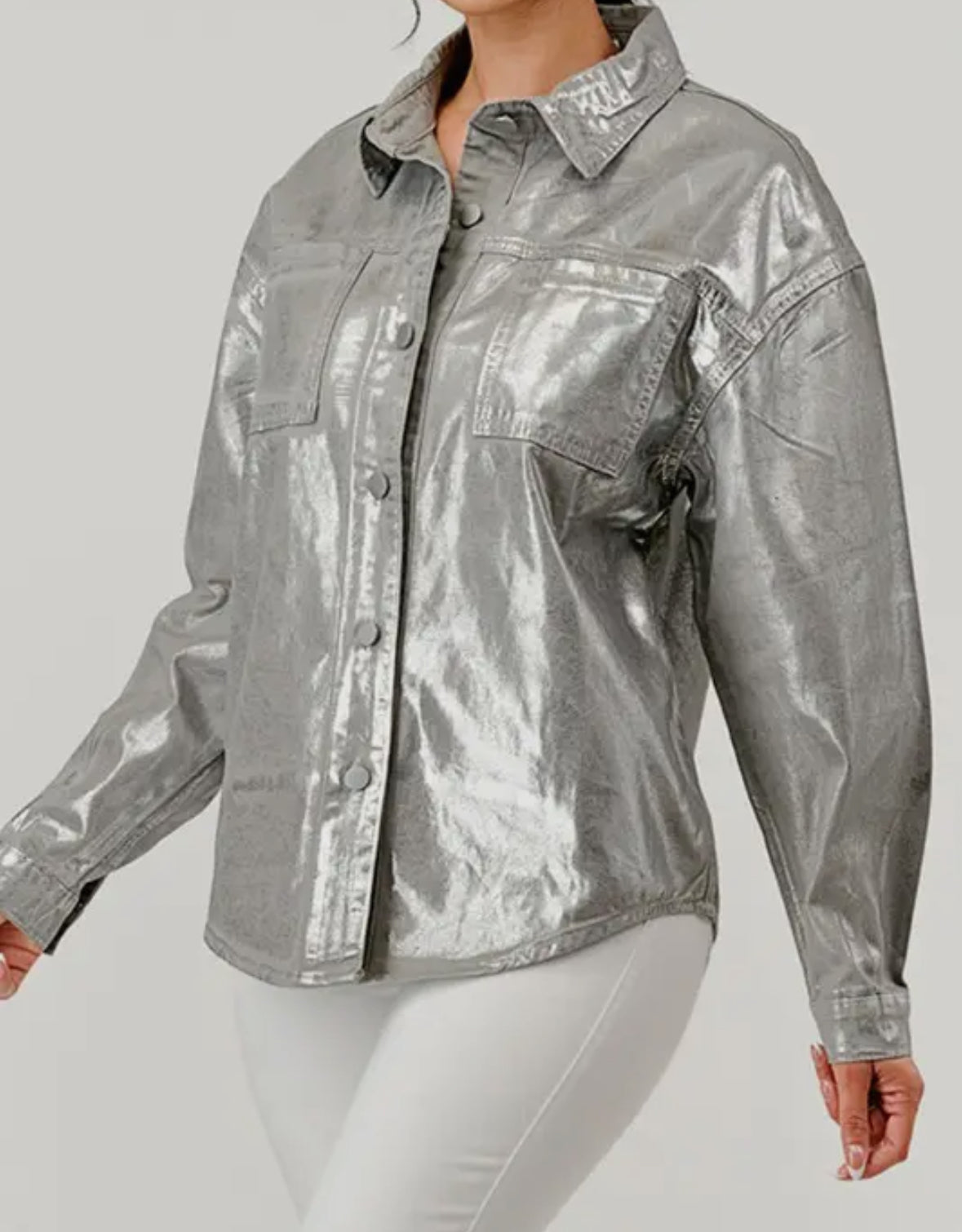 ChicMetallic Coated Button-Up Shacket