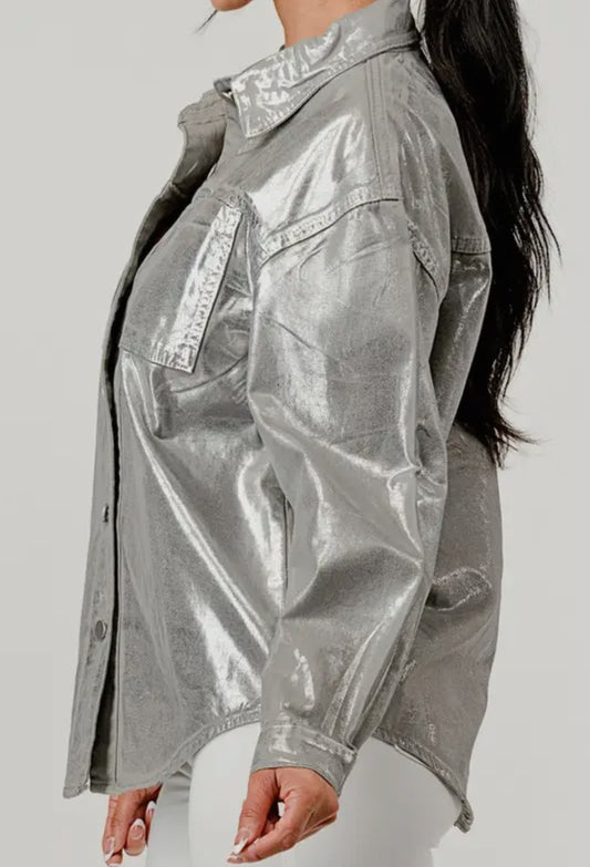 ChicMetallic Coated Button-Up Shacket
